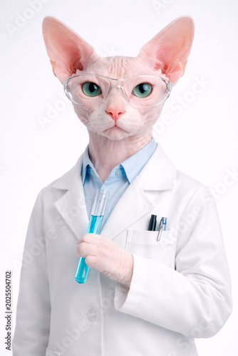 Hyper realistic portrait of a sphynx cat dressed as a scientist, wearing safety glasses and a white lab coat while holding a test tube with blue liquid.