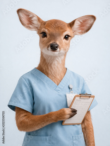 Hyper realistic portrait of a cute anthropomorphic deer dressed as a nurse, wearing light blue medical scrubs and holding a clipboard in a clean studio setting.