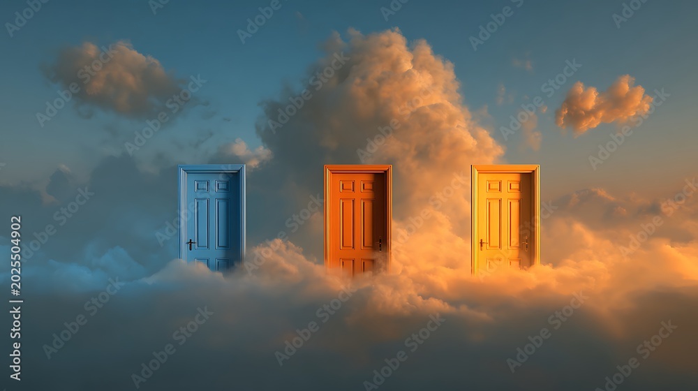 Fototapeta premium Three mysterious doors standing in the clouds representing choices and opportunities.