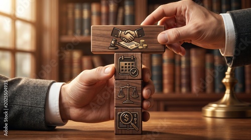 Businessman stacking wooden blocks with legal and financial icons. Concept of business law, contract management, and professional consultation. Strategic planning for corporate success.