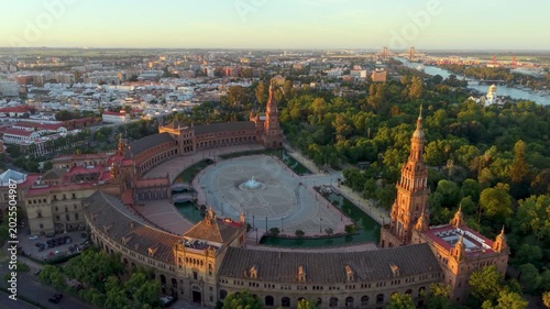 Seville square panorama. Aerial shot of Seville plaza. View from above of historic Seville site