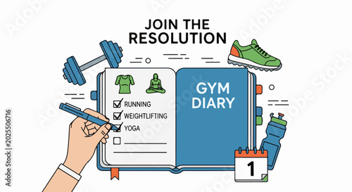 A hand writes in a gym diary next to a dumbbell, sneaker, and water bottle