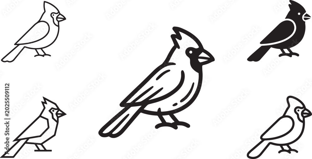 Fototapeta premium Set of northern cardinal bird icons in various vector graphic styles including minimal line bold silhouette geometric stroke and rounded stroke designs for creative design projects Vector