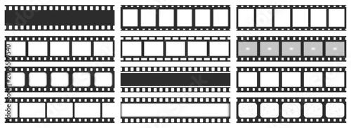 Film strip frame collection in black. Set of cinema, movie, vintage, retro and photographic film strip templates