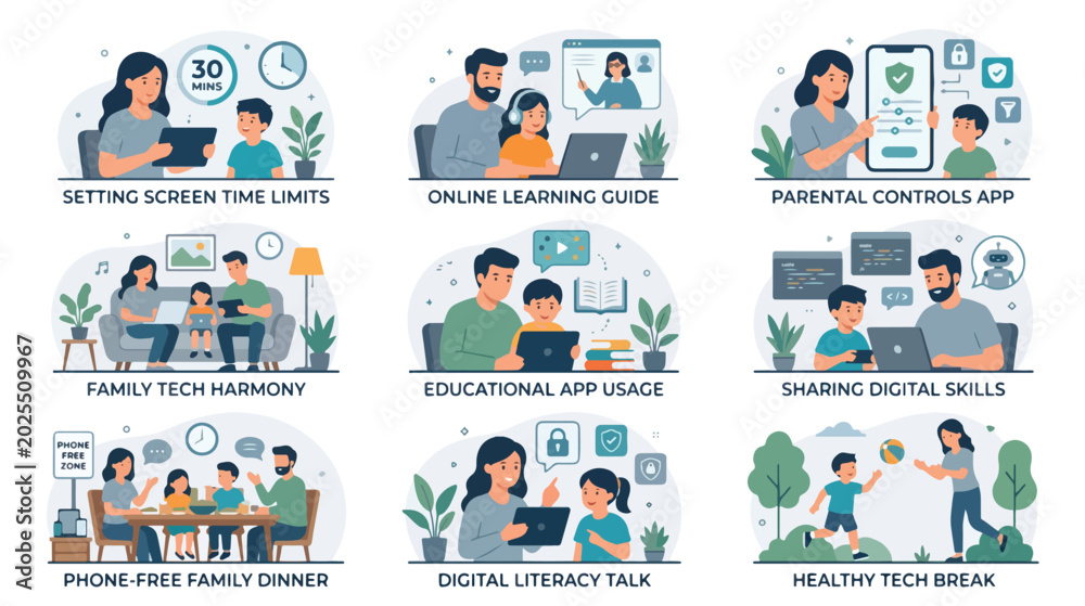 Naklejka premium Illustrations of diverse families and children engaging in digital literacy activities on World Parents Day in a colorful and educational setting