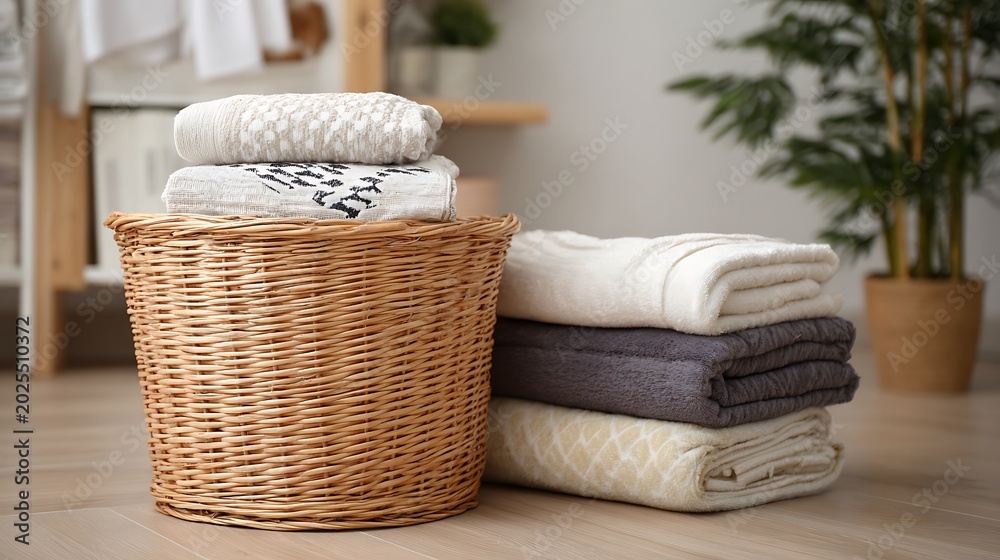 Fototapeta premium Wicker Laundry Basket With Stacked Clean Towels And Blankets.