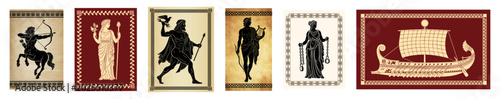 Quadro su tela Ancient Greece mythology silhouettes set, greek gods, goddess and creatures on v