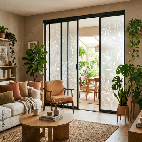 Modern living room interior with sliding glass doors featuring white leaf pattern privacy film, cozy furniture, indoor plants, and a view of a sunlit conservatory
