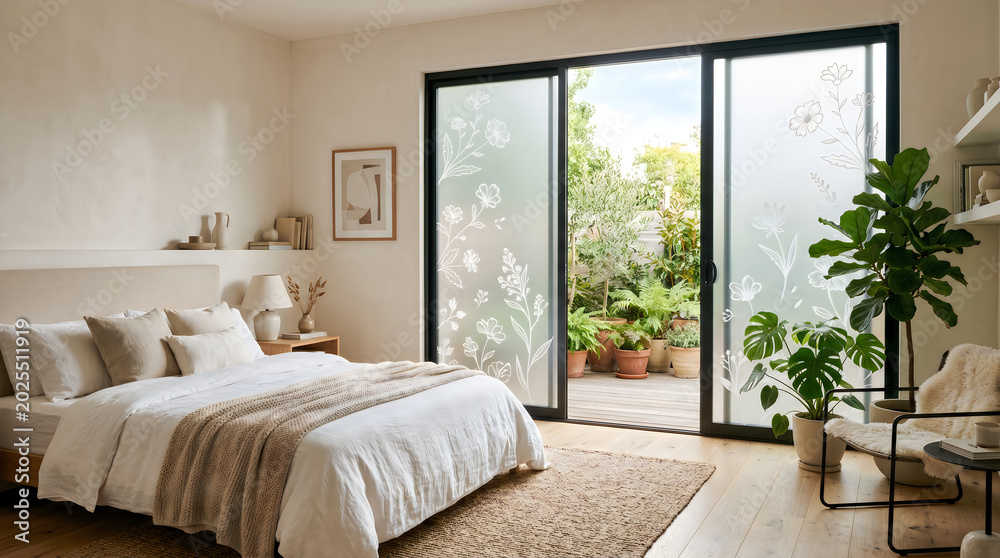 Fototapeta premium Cozy modern bedroom with sliding glass doors featuring floral frosted window film, overlooking a lush patio garden with potted plants, bright and airy interior design