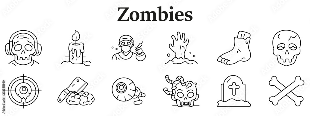 Fototapeta premium Horror zombie set icon. Skull head, candle, masked figure, rising hand, severed foot, crosshair, brain cut, eyeball, worm skull, grave, bones, undead themed elements line style