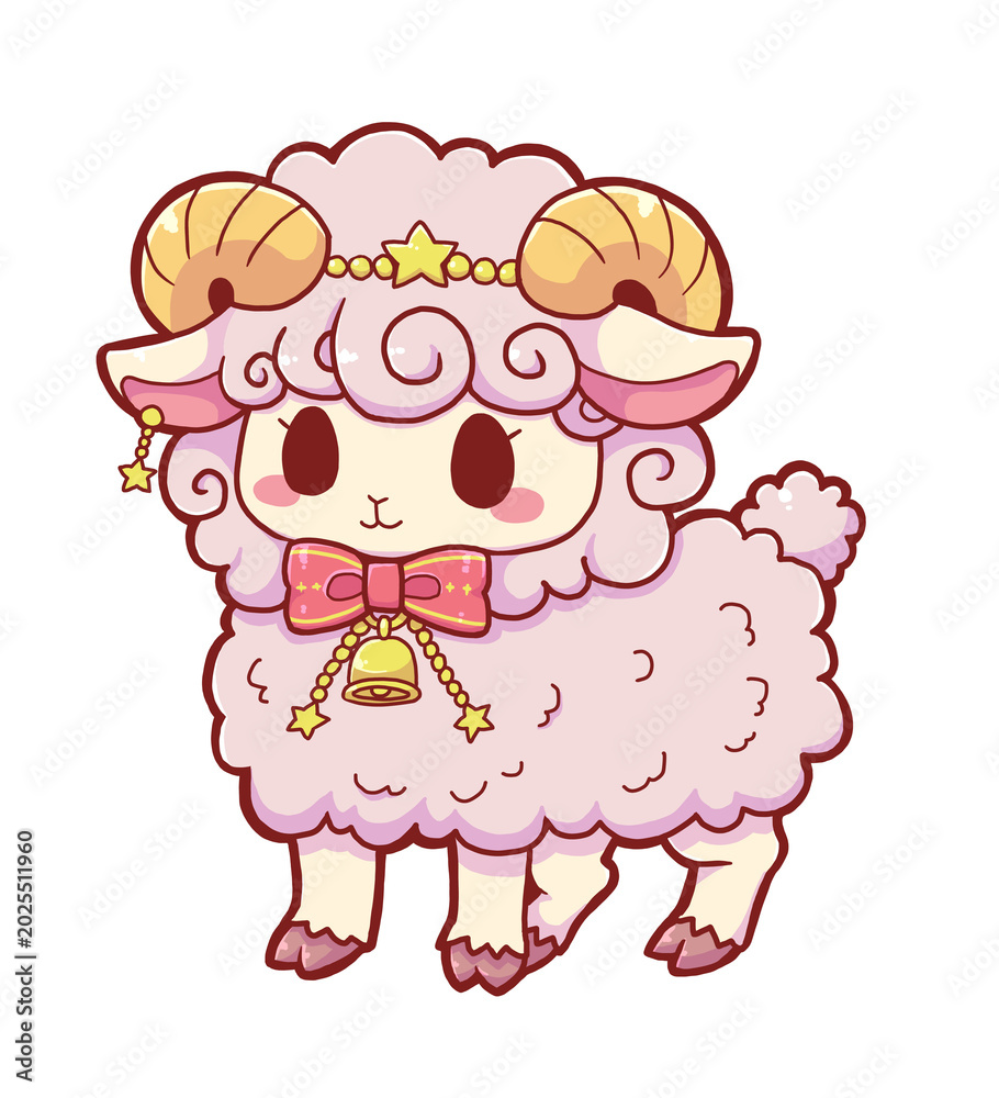 Obraz premium Authentic Hand Drawn Cute Aries Zodiac Sign Illustration – Kawaii Fantasy Ram with Stars, Ribbon and Bell in Fairytale Astrology Style