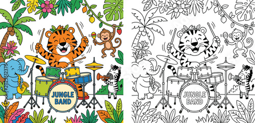 Canvas Print Lively Jungle Band with Cartoon Animals Playing Music - Fun Kids' Party Illustra