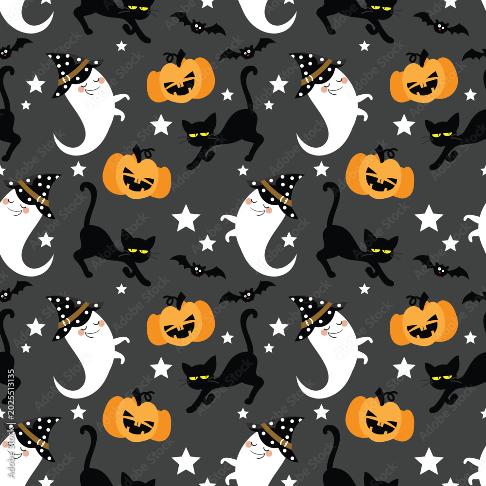 Obraz premium Halloween seamless pattern with cute ghost, black cat, and pumpkin. Whimsical Halloween repeat pattern with spooky characters on dark grey.