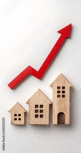 Elevated View of Wooden House Models with Red Arrow Symbolizing Property Market Growth on White Backdrop, Capturing Investment and Value Increase