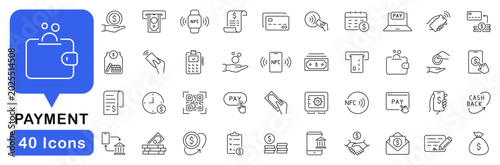 Payment icon set. Payment method icons in line style. Editable web icons pay, banking, nfc payment, terminal, credit card, digital wallets, QR code transaction. Vector illustration.