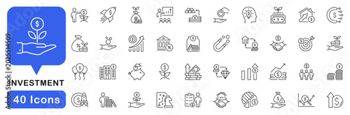 Investment icon set. Finance icons in line style. Editable web icons asset, growth, profit, fund, dividend, profit analysis etc. Vector illustration.
