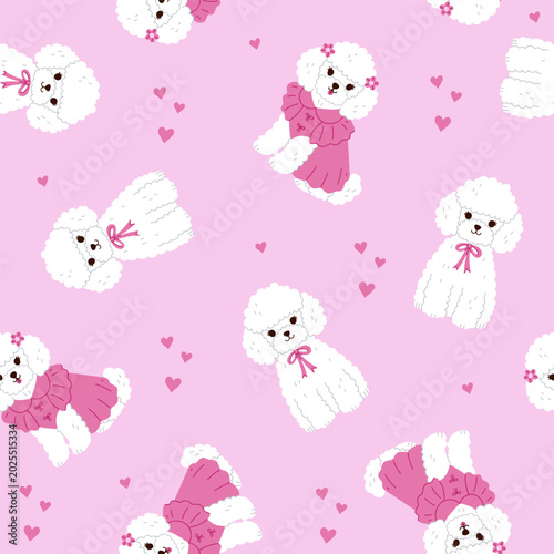 Seamless pattern with cute white poodles on a pink background. Vector graphics.