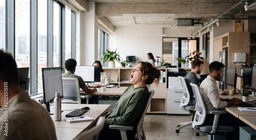 Sleepy employee in open plan office during afternoon slump