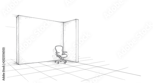 Billede på lærred Empty office chair in a corner, minimalist sketch.