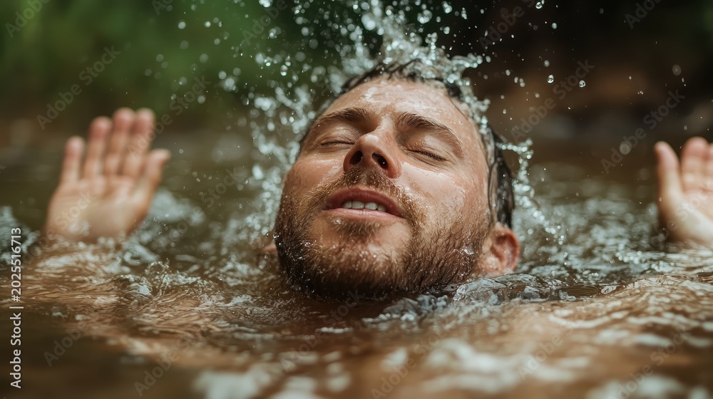 Fototapeta premium This image captures a man submerged in water, expressing a serene and relaxed demeanor, emphasizing the tranquility and rejuvenating effects of nature and water.