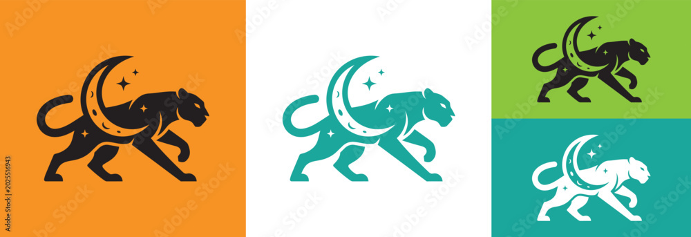 Fototapeta premium Panther silhouette with moon and stars graphic design vector.