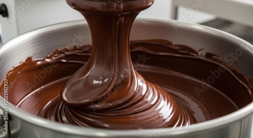 Closeup of rich glossy dark chocolate being mixed in a stainless steel bowl.