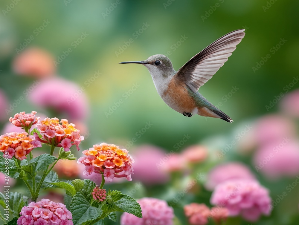 Fototapeta premium Hummingbird near colorful flower in sunlight