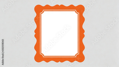 features a simple, stylized illustration of a picture frame. The frame is rectangular with a vertical orientation and is depicted in a solid orange color. It has a decorative, wavy border that gives i