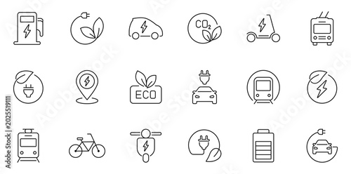 Electric transport icon set. EV vehicle icons in line style. Editable web icons car, battery, charging station, plug, scooter, trolleybus, tram, bicycle etc. Vector illustration.