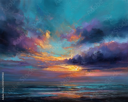 Vibrant Ocean Sunset Painting with Dynamic Clouds and Reflections.