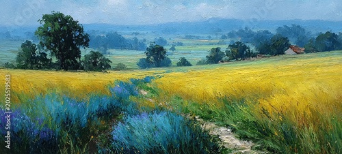 Vibrant Landscape Painting - Golden Field, Blue Flowers, and Distant Hills.