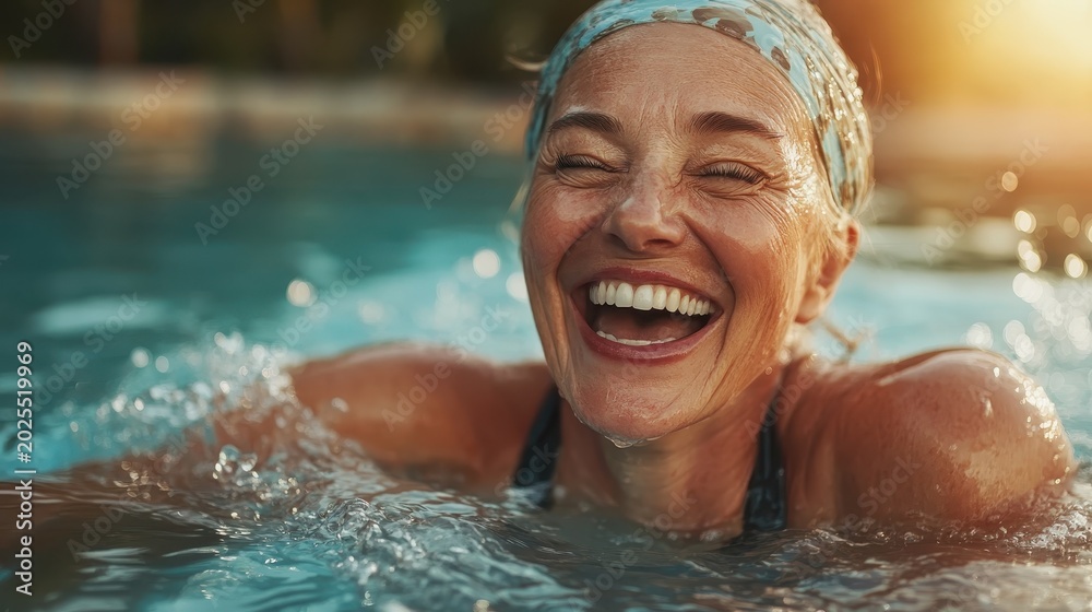 Fototapeta premium A cheerful woman swims joyfully in a sunlit pool, radiating happiness and vitality, capturing the essence of summer fun and relaxation amid refreshing water and sunlight.