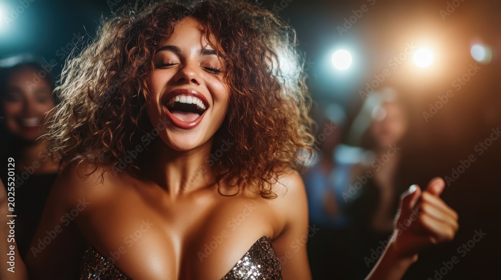 Naklejka premium A joyful woman is passionately dancing at a nightclub, illuminated by vibrant lights, embodying the spirit of nightlife and the thrill of enjoying a fun evening with friends.