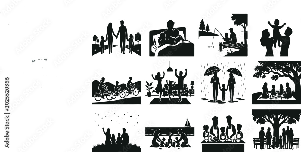 Obraz premium Family outdoor activities silhouettes on white background