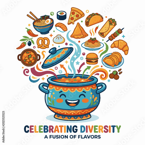 Cute Happy Cooking Pot with International Food Fusion Illustration.