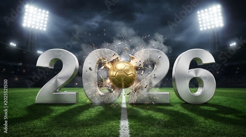 Golden soccer ball breaking 2026 year on football stadium