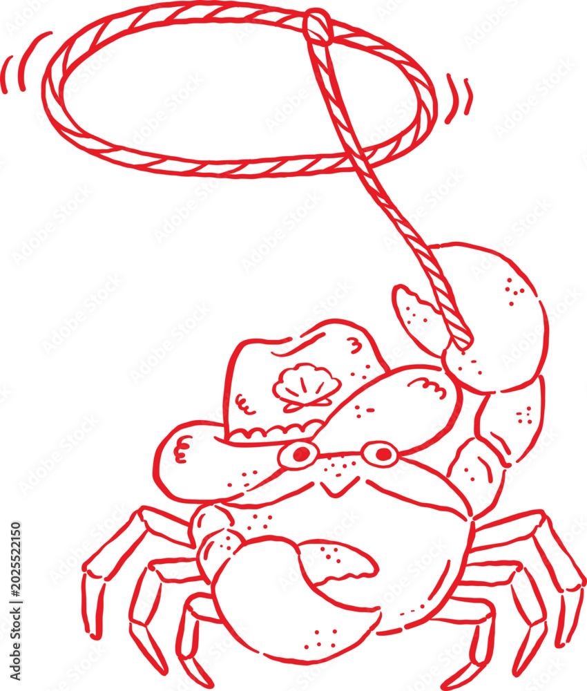 Fototapeta premium Cowboy Summer Crab Wearing Cowboy Hat with Lasso Whimsical Hand Drawn