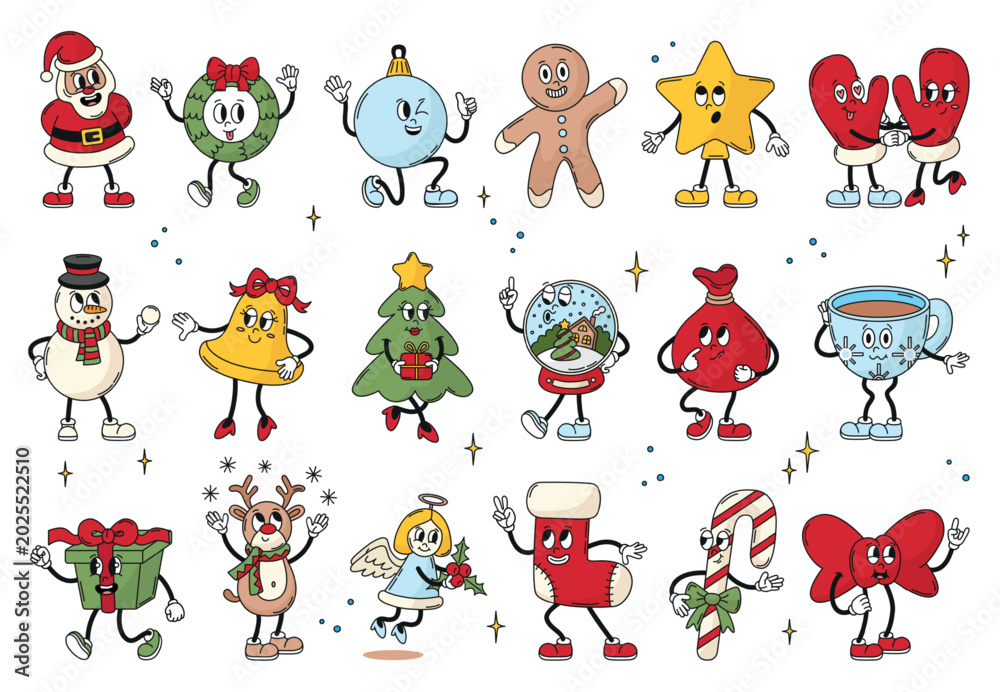 Fototapeta premium Retro groovy christmas characters. Funny new year, winter seasonal holiday. Xmas tree, bell, snowman, cute angel, red mittens and sock, neoteric vector clipart