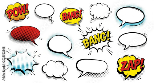 Foto Collection of comic book speech bubbles and sound effects.