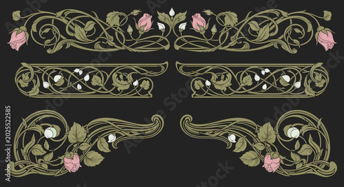 Art Nouveau floral border set, vintage rose vine ornaments, antique botanical vector dividers and corners, elegant pink and green filigree