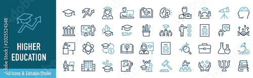 Higher Education Line Icons Set – Dark and Light Blue Minimalist University, College, and Online Learning Vector Symbols