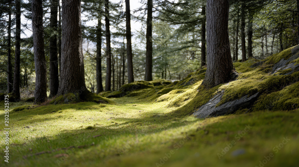 Obraz premium A sun-dappled path winds through a tranquil pine forest, with moss-covered rocks and vibrant green undergrowth creating a serene natural scene