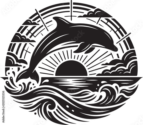 Black dolphin jumping wave sunset, ocean animal vector icon, tropical sea wildlife symbol, nautical graphic design element