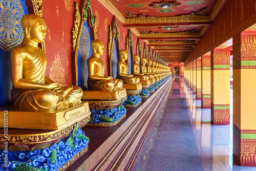 Konstfotografi Golden Buddhas lined up in a row inside a Thai temple with intricate red and gold decorations and colorful blue bases, creating a serene and spiritual atmosphere