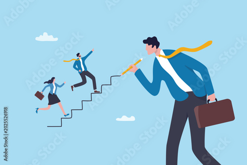 Quadro su tela Career development, motivation to growth in company progress, stair or ladder to success, improvement for new opportunity, businessman manager create stair, ladder for employee to climb up to success