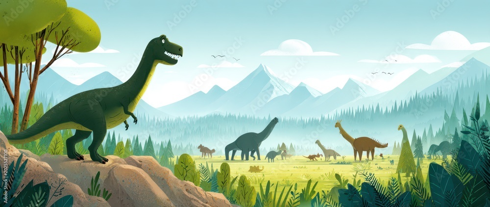 Fototapeta premium Prehistoric Landscape With Dinosaurs, Tyrannosaurus Rex And Brontosaurus In Lush Valley