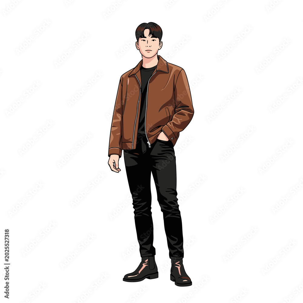 Fototapeta premium Stylish Young Man in Brown Jacket and Black Jeans.