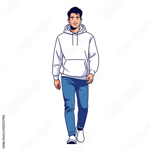 Young Man Walking Confidently in Casual Attire.