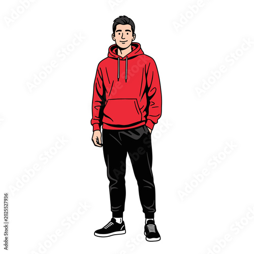 Young Man Standing Confidently in Red Hoodie and Black Joggers.