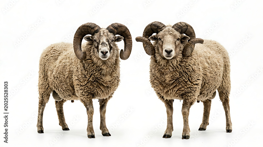 Fototapeta premium Two majestic horned ram sheep standing side by side looking forward against a clean white background for farm and livestock concepts